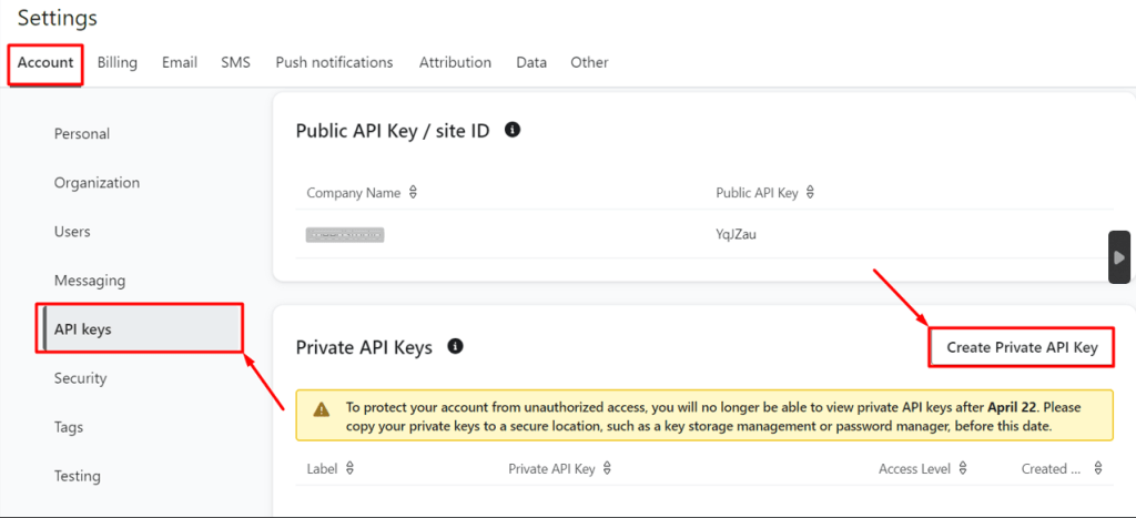 Create Private API Key Klaviyo