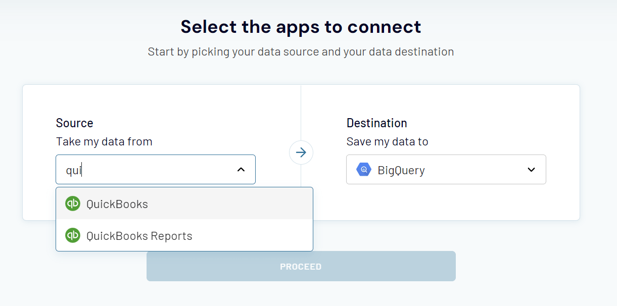 Select QuickBooks to connect with BigQuery